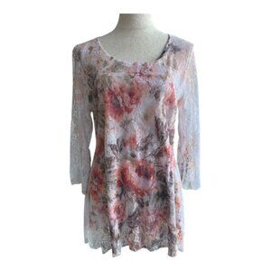 Romantic Vintage Floral Lace Tunic Top / Sheer Layered Boho Blouse (2467-15)